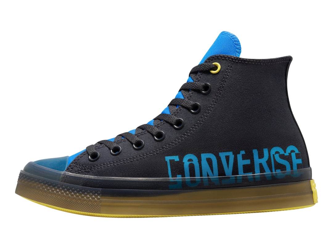 Tenis Converse Chuck Taylor All Star CX Hi en color gris oscuro con detalles en azul y suela translúcida amarilla.