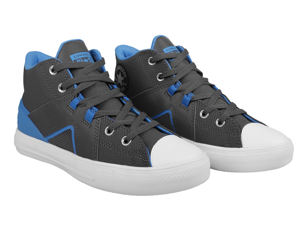 Tenis Converse mid-top color gris con detalles en azul y suela blanca.