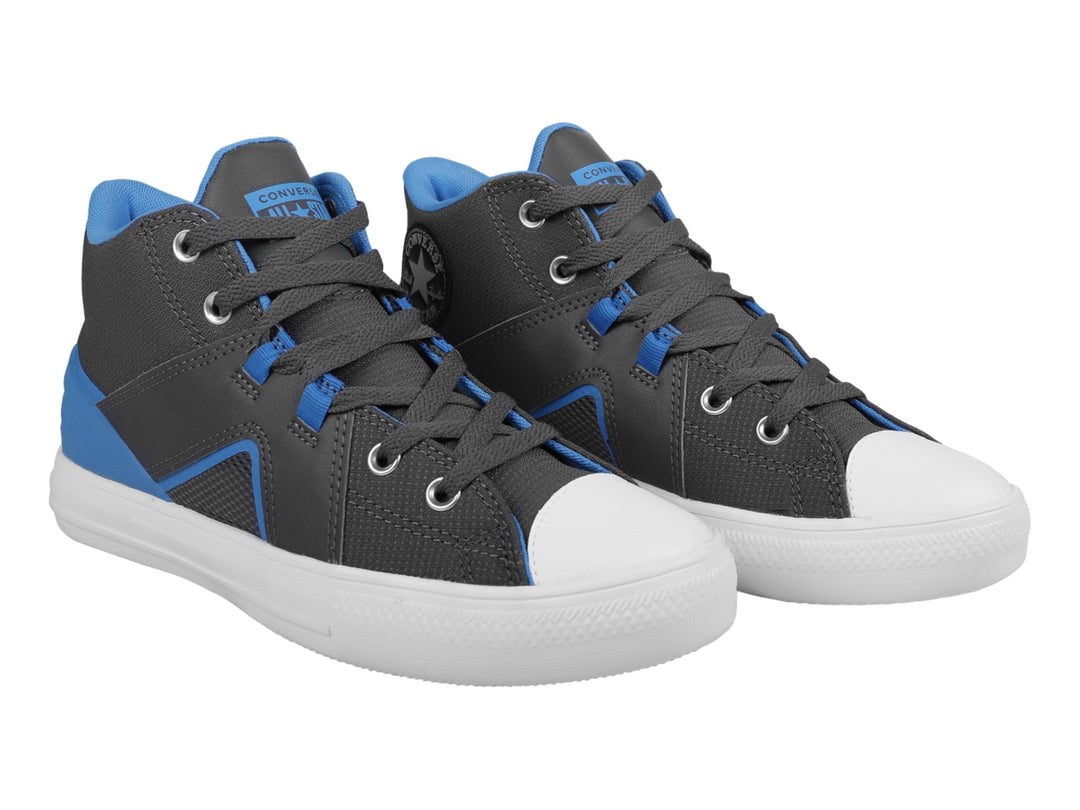 Tenis Converse mid-top color gris con detalles en azul y suela blanca.