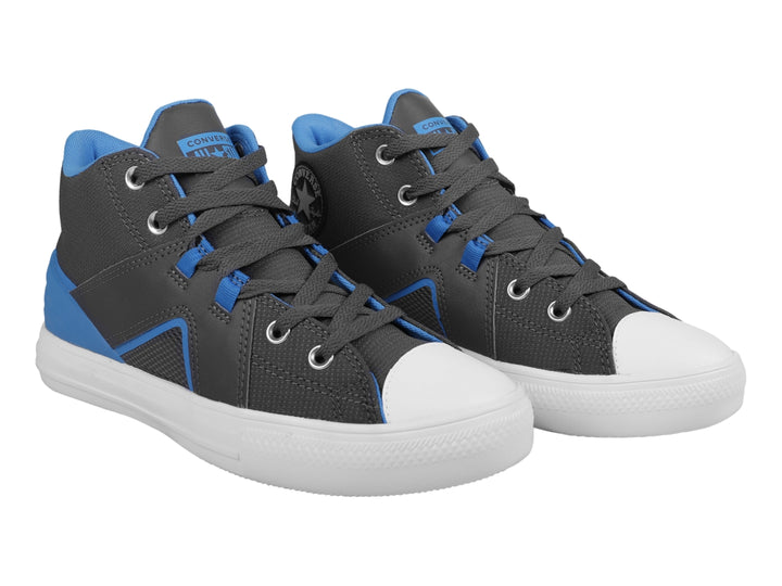 Tenis Converse mid-top color gris con detalles en azul y suela blanca.