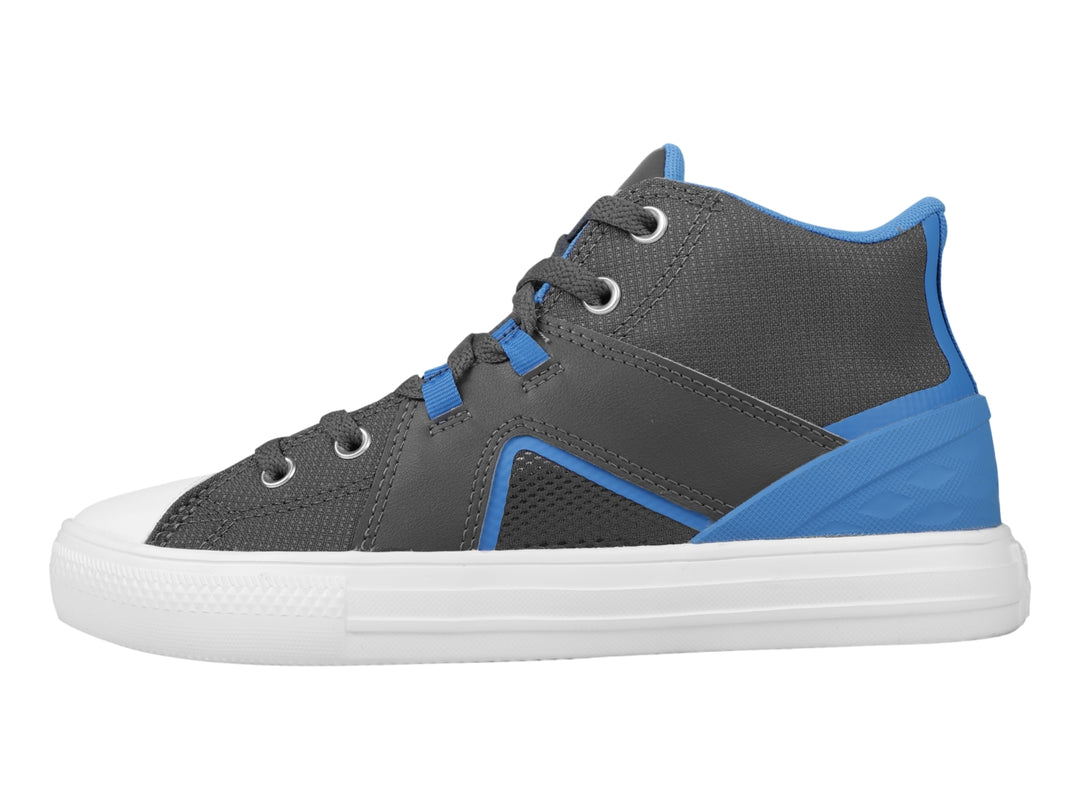 Tenis Converse mid-top color gris con detalles en azul y suela blanca.