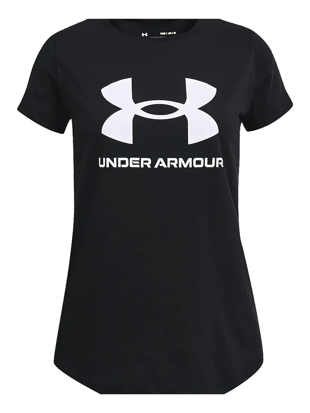 Camiseta deportiva negra de manga corta con logotipo blanco de Under Armour en el pecho.