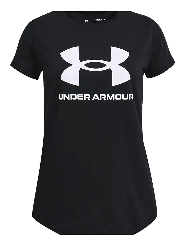 Camiseta deportiva negra de manga corta con logotipo blanco de Under Armour en el pecho.