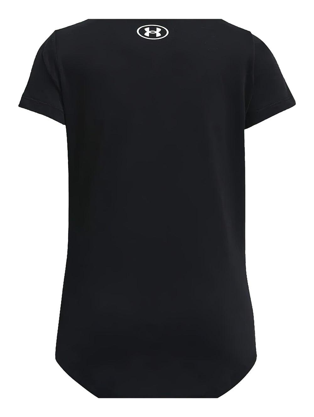 Camiseta deportiva negra de manga corta con logotipo blanco de Under Armour en el pecho.