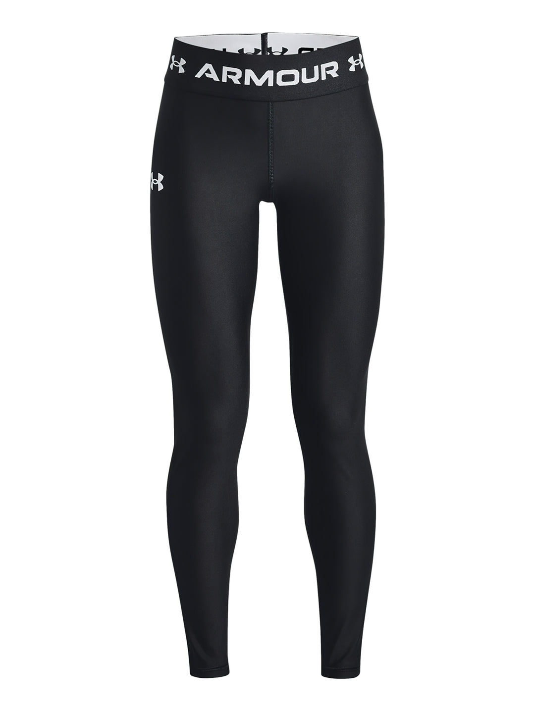 Leggings deportivos Under Armour de color negro con banda elástica blanca en la cintura.