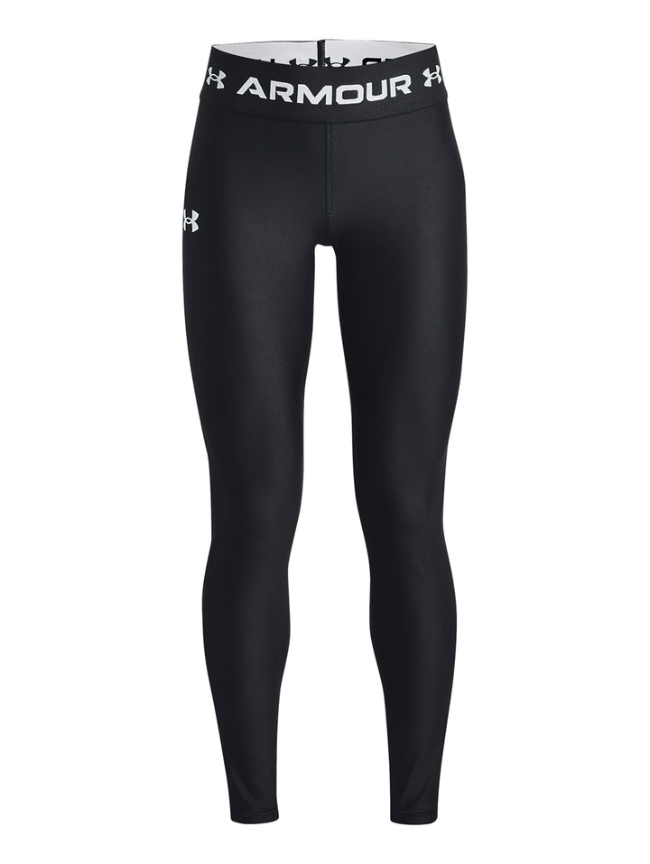 Leggings deportivos Under Armour de color negro con banda elástica blanca en la cintura.