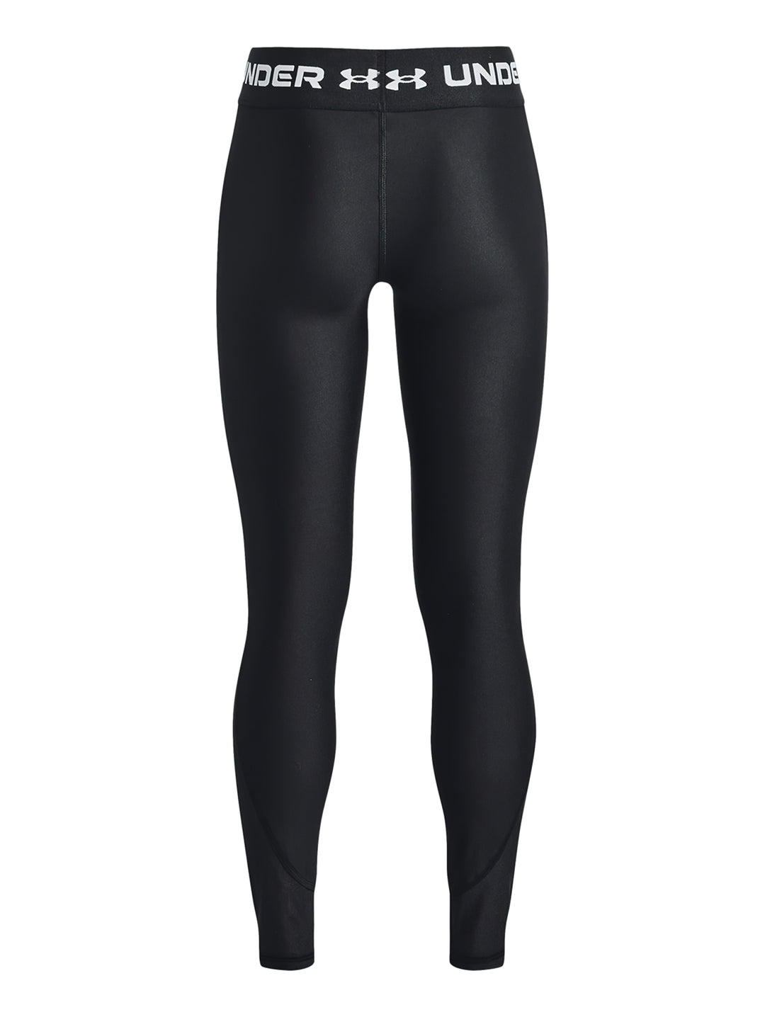 Leggings deportivos Under Armour de color negro con banda elástica blanca en la cintura.
