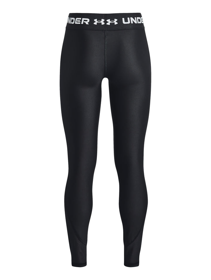 Leggings deportivos Under Armour de color negro con banda elástica blanca en la cintura.