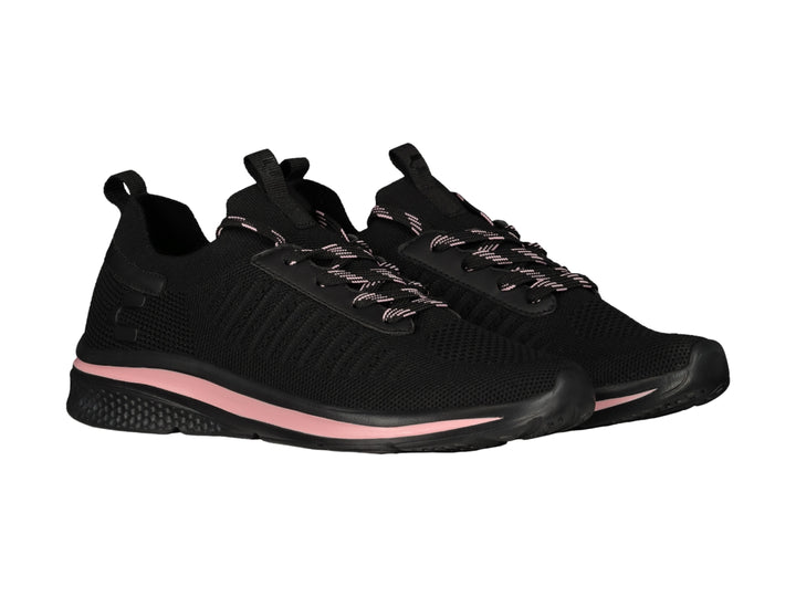 Tenis deportivos Charly en color negro con detalles y franja en la suela de color rosa.