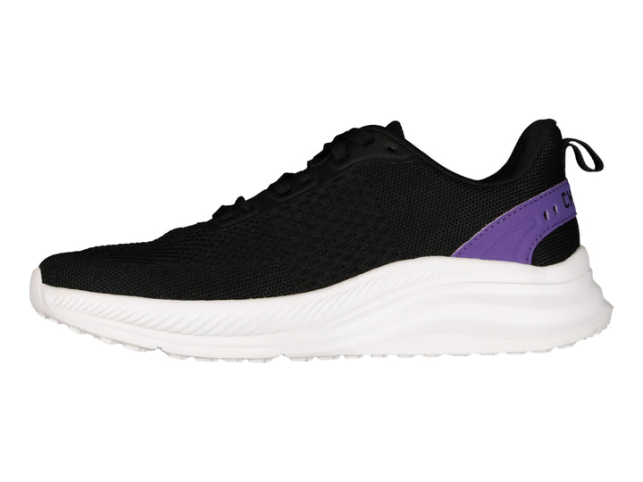 Tenis deportivos Charly color negro con suela blanca y detalles en morado.