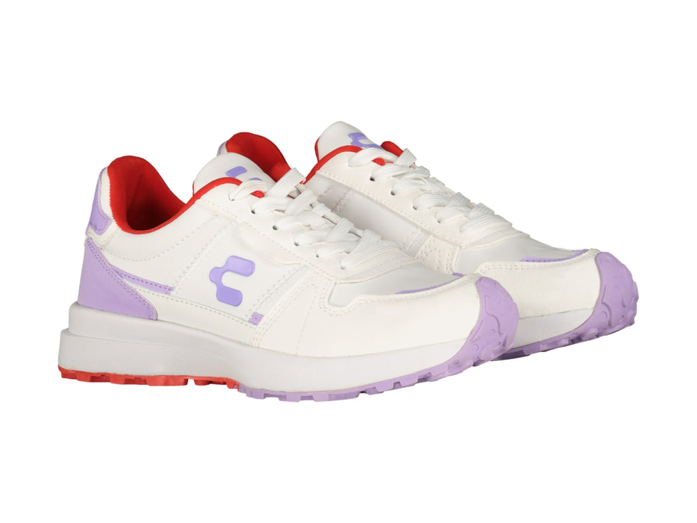 Tenis deportivos Charly color blanco con detalles en lila y rojo.