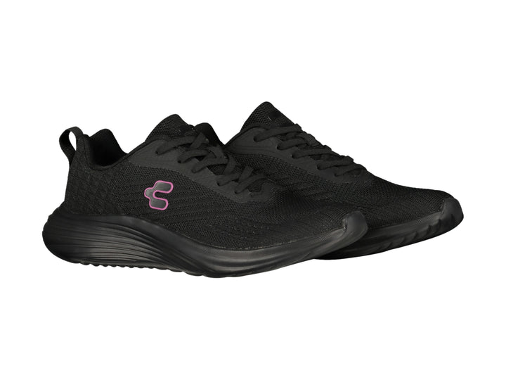 Tenis deportivos Charly de color negro con logotipo rosa en el costado y suela negra.