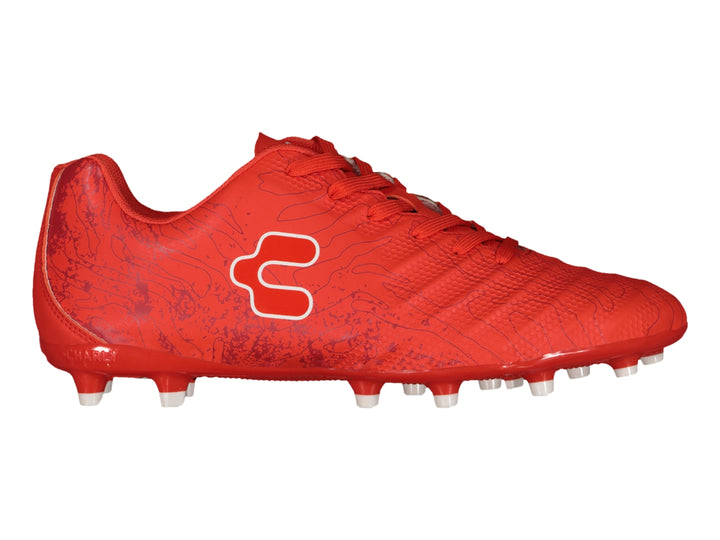 Zapato de fútbol color rojo de la marca Charly con tacos blancos.