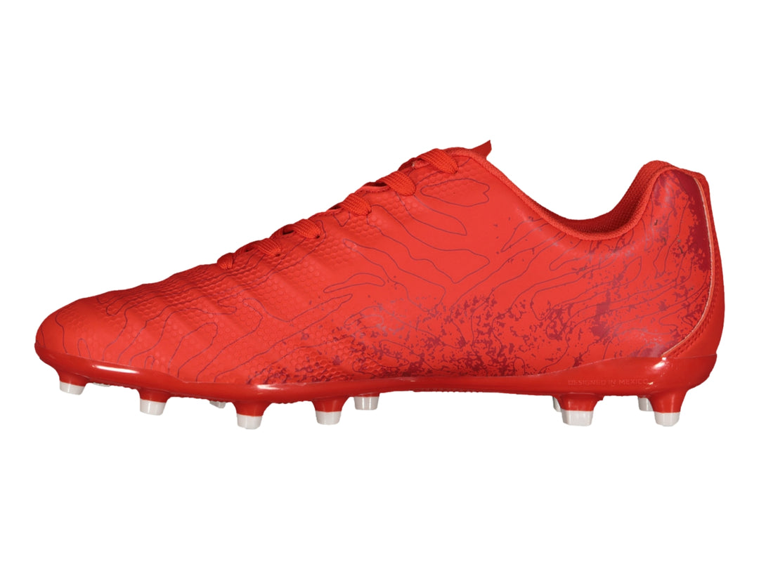 Zapato de fútbol color rojo de la marca Charly con tacos blancos.