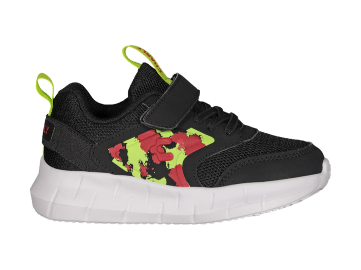 Tenis deportivos Charly color negro con suela blanca y detalles gráficos en verde neón y rojo.