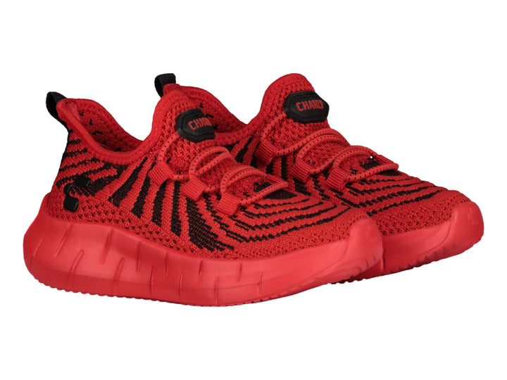 Tenis deportivos Charly color rojo con detalles en negro y suela gruesa.