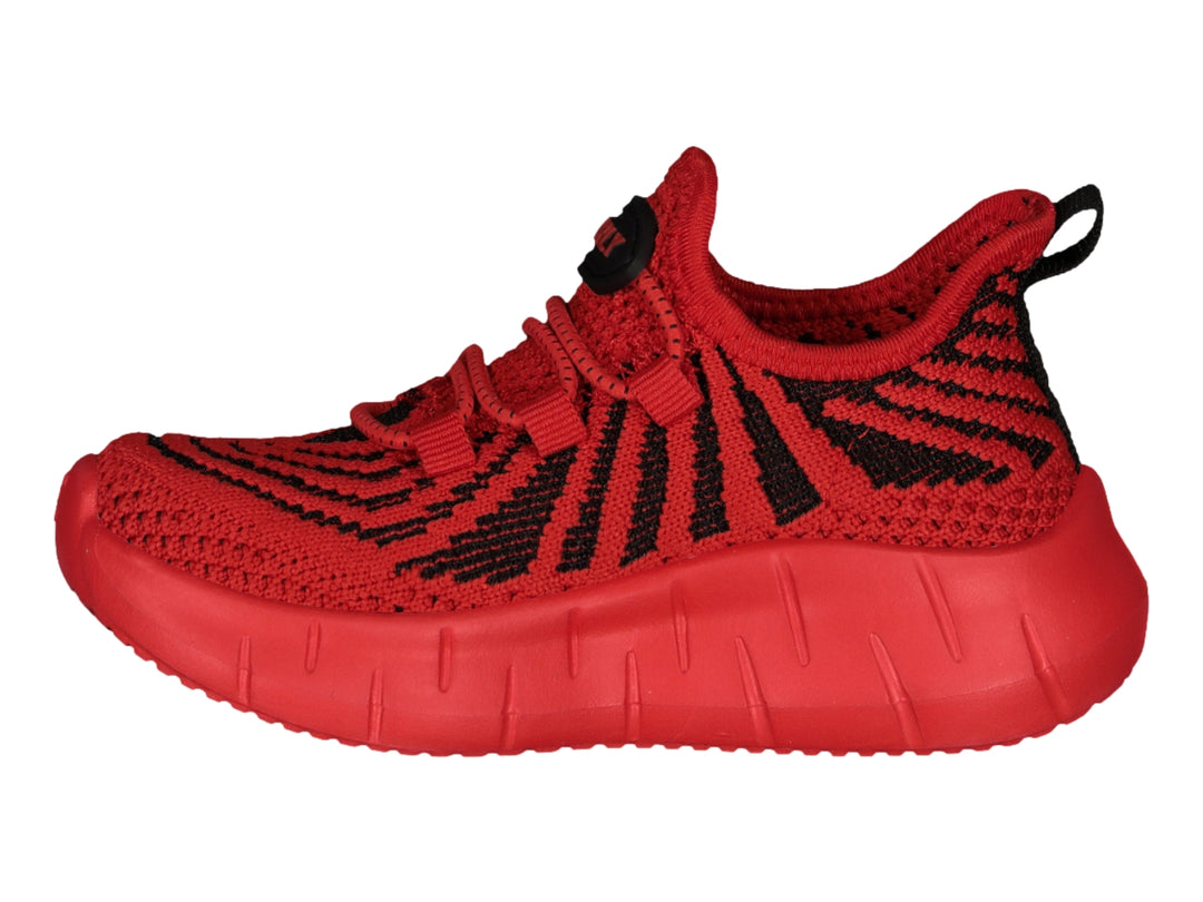Tenis deportivos Charly color rojo con detalles en negro y suela gruesa.