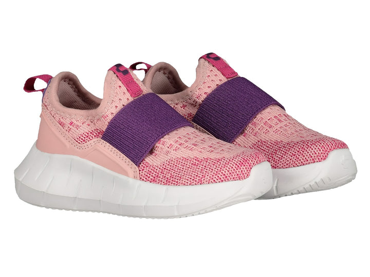 Par de tenis deportivos Charly para niña en color rosa y morado con suela blanca y banda elástica frontal.