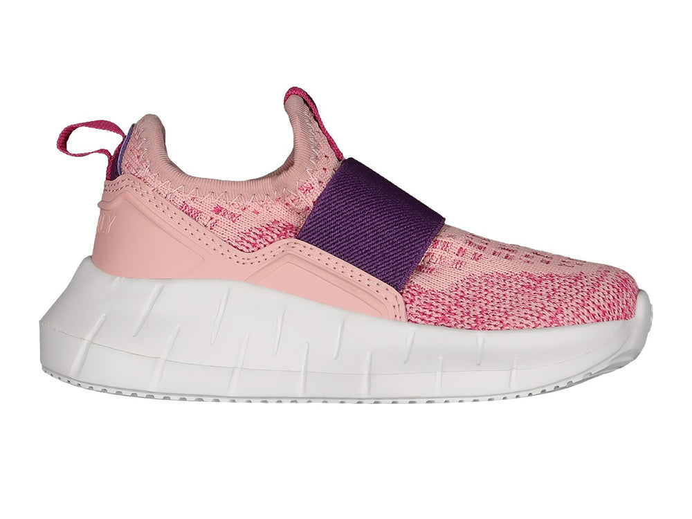 Par de tenis deportivos Charly para niña en color rosa y morado con suela blanca y banda elástica frontal.