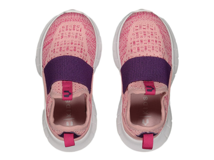 Par de tenis deportivos Charly para niña en color rosa y morado con suela blanca y banda elástica frontal.