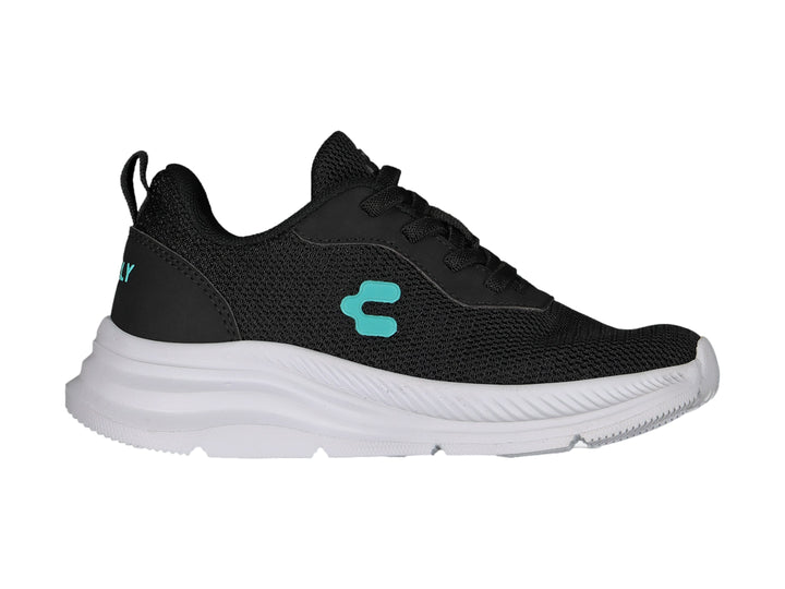 Tenis deportivos Charly en color negro con suela blanca y detalle aqua en el lateral.