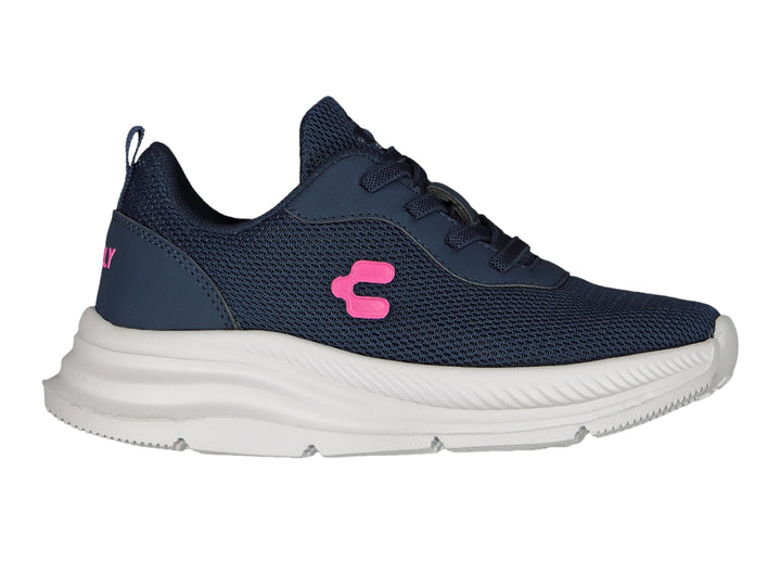 Tenis deportivos Charly color azul marino con suela blanca y detalle en rosa.