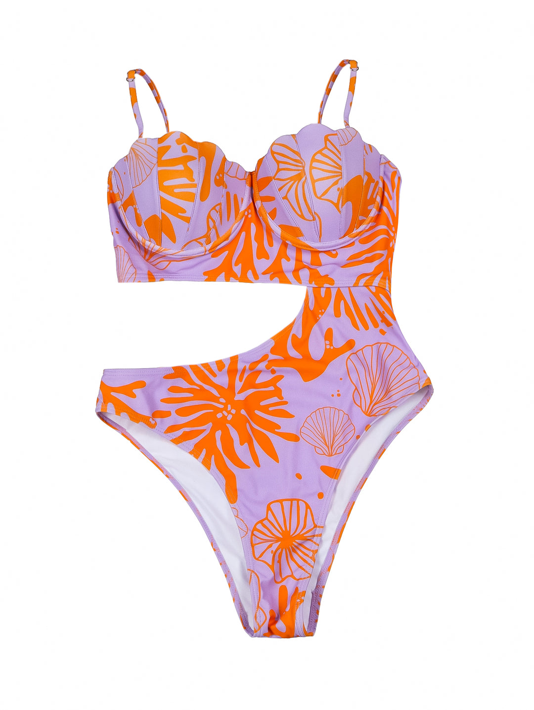 Traje de baño para mujer color lavanda con estampado naranja y corte lateral.