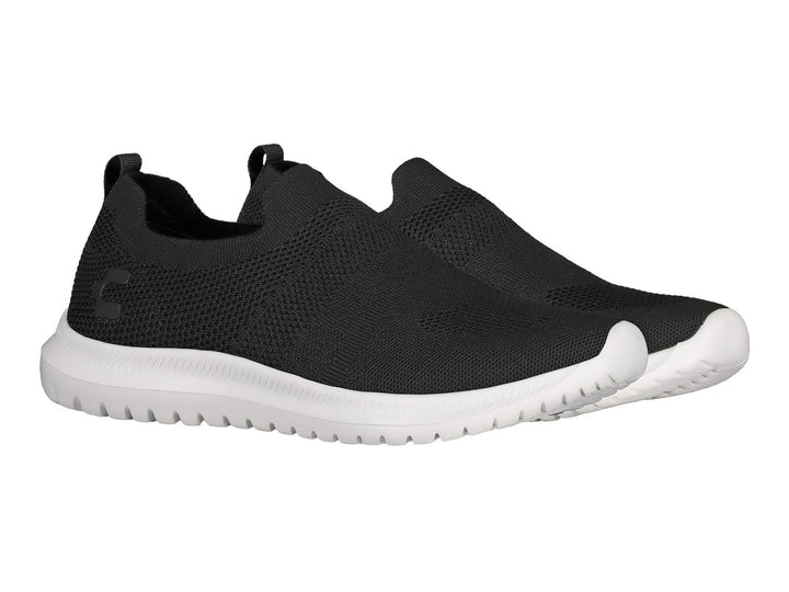 Par de tenis deportivos Charly estilo slip-on en color negro con suela blanca contrastante.