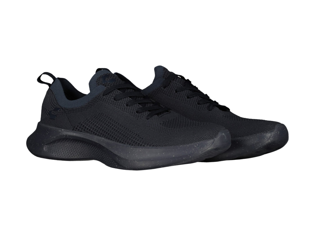 Tenis deportivos color negro con tejido transpirable y suela sintética.