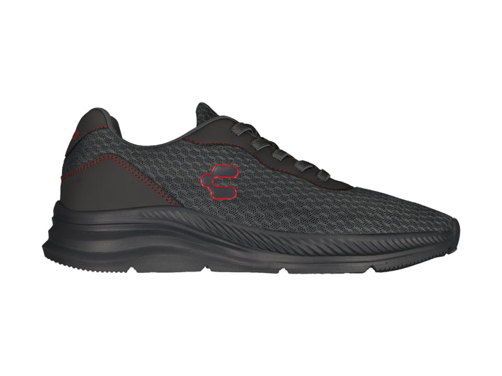 Tenis deportivos Charly color gris oscuro con suela gruesa y detalles rojos.