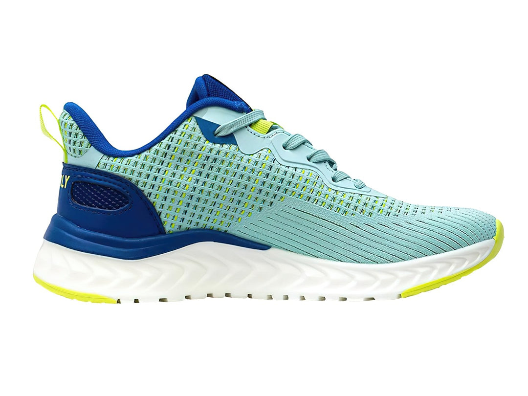 Tenis deportivos Charly en color aqua con detalles en azul y amarillo, suela blanca y tejido transpirable.