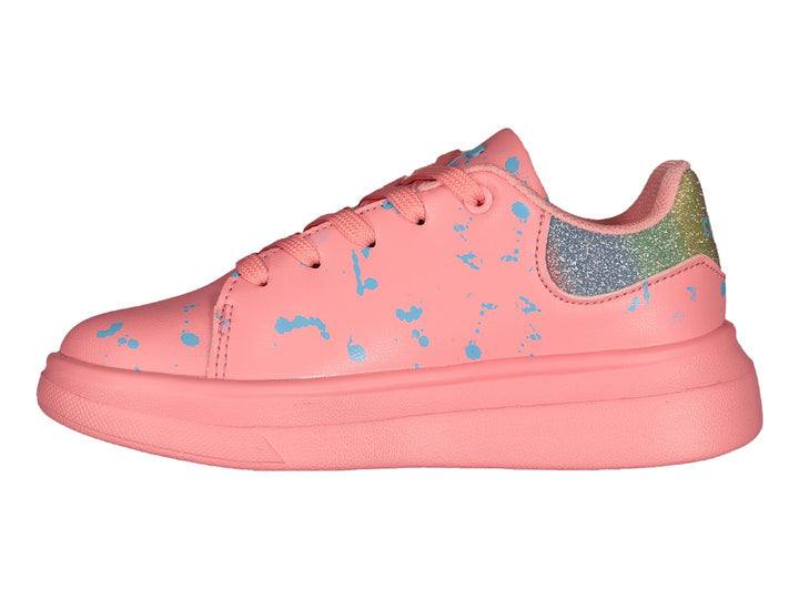 Tenis deportivos color rosa con detalles en azul y talón brillante de la marca Charly.