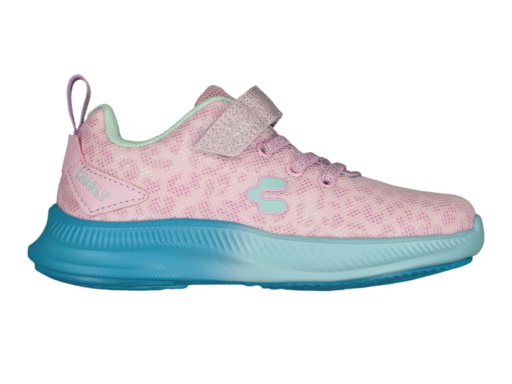 Tenis deportivos Charly para niña en color lila con suela azul y correa de velcro brillante.