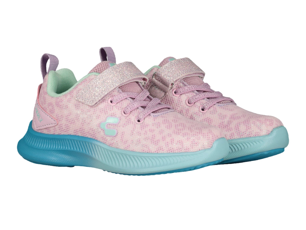 Tenis deportivos Charly para niña en color lila con suela azul y correa de velcro brillante.