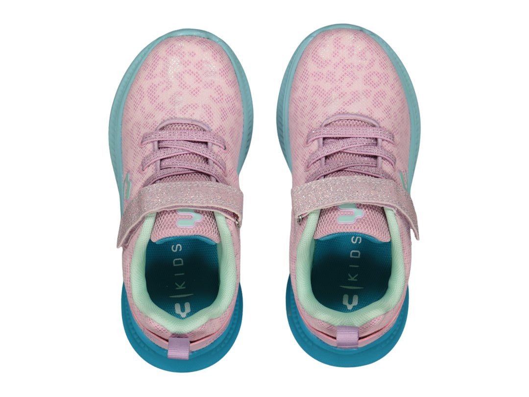 Tenis deportivos Charly para niña en color lila con suela azul y correa de velcro brillante.