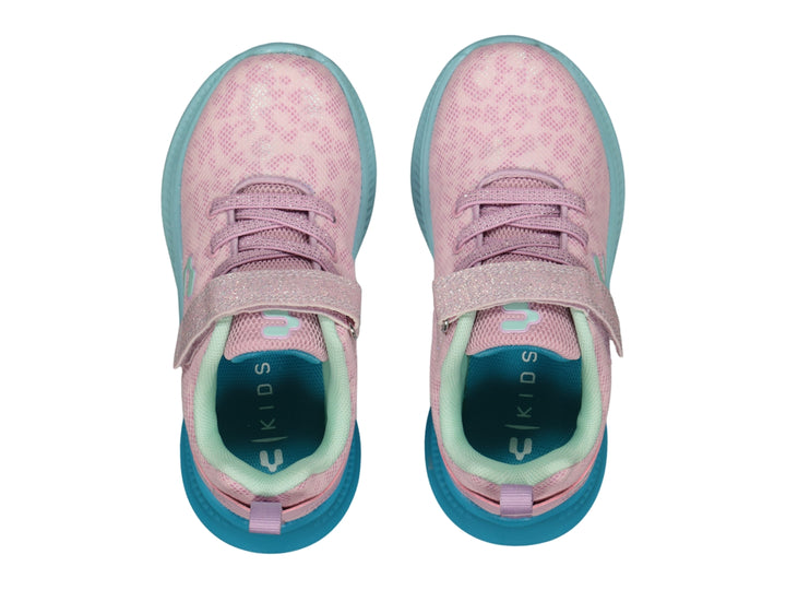 Tenis deportivos Charly para niña en color lila con suela azul y correa de velcro brillante.