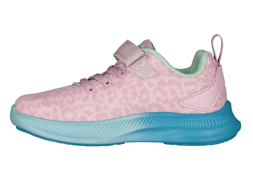 Tenis deportivos Charly para niña en color lila con suela azul y correa de velcro brillante.