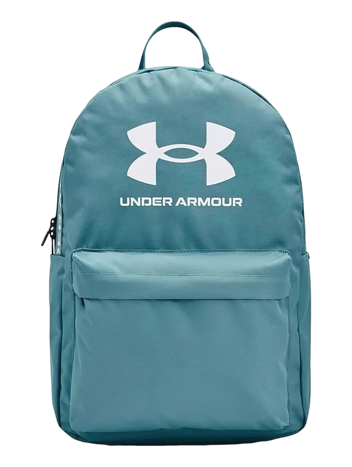 Mochila escolar Under Armour color azul con logotipo blanco y bolsillo frontal.