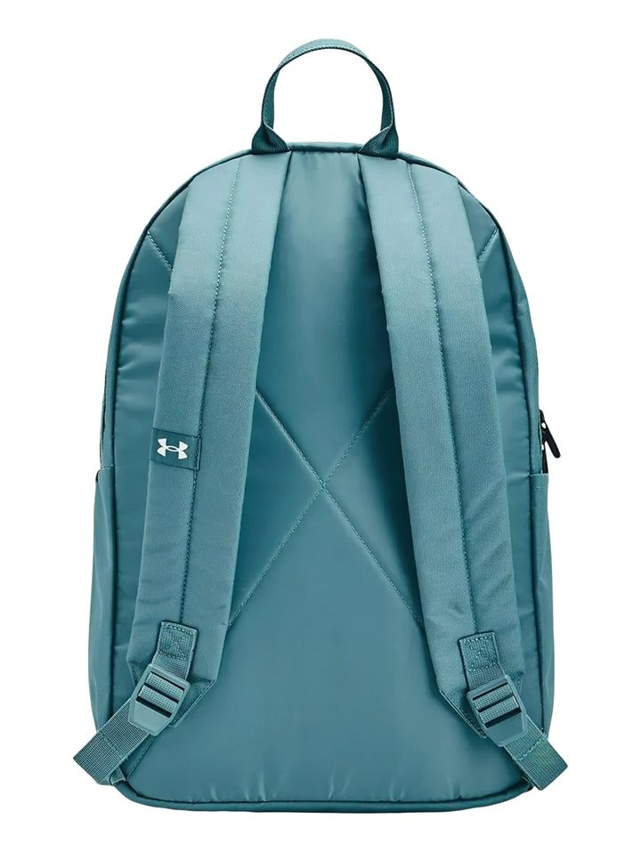 Mochila escolar Under Armour color azul con logotipo blanco y bolsillo frontal.
