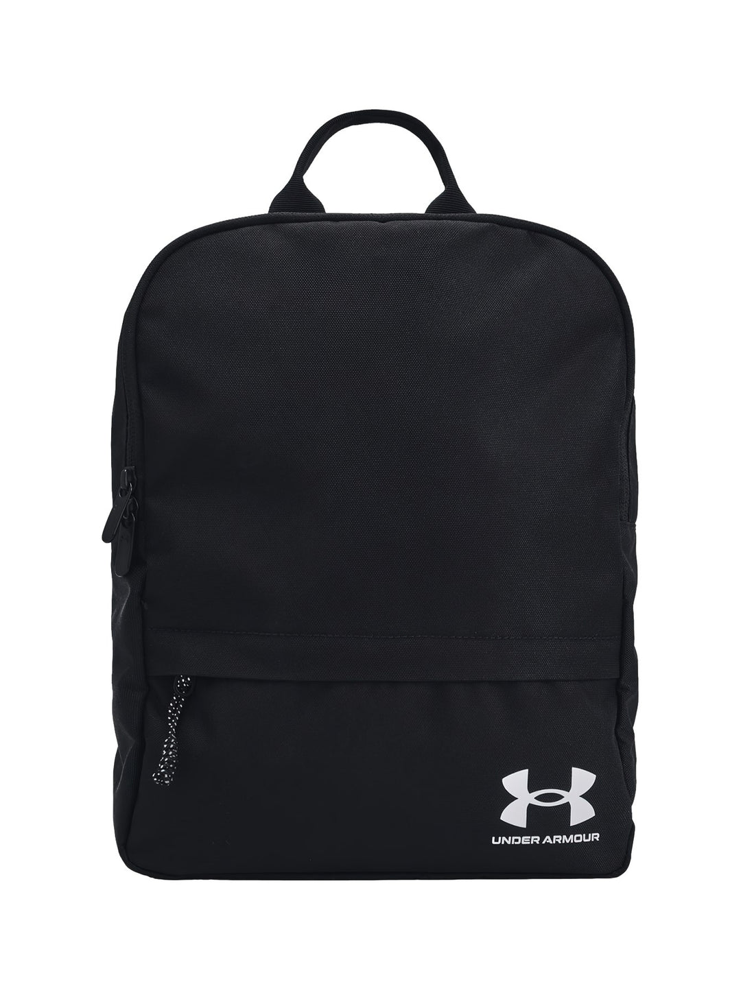 Mochila Under Armour de color negro con logotipo blanco en la parte inferior y asa superior.
