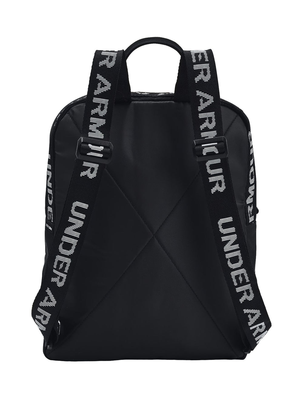 Mochila Under Armour de color negro con logotipo blanco en la parte inferior y asa superior.