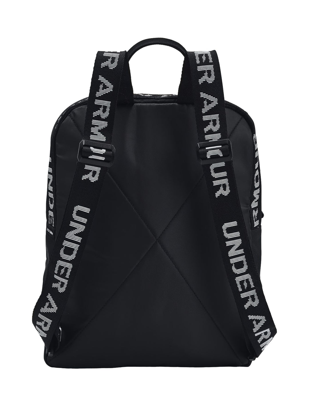 Mochila Under Armour de color negro con logotipo blanco en la parte inferior y asa superior.