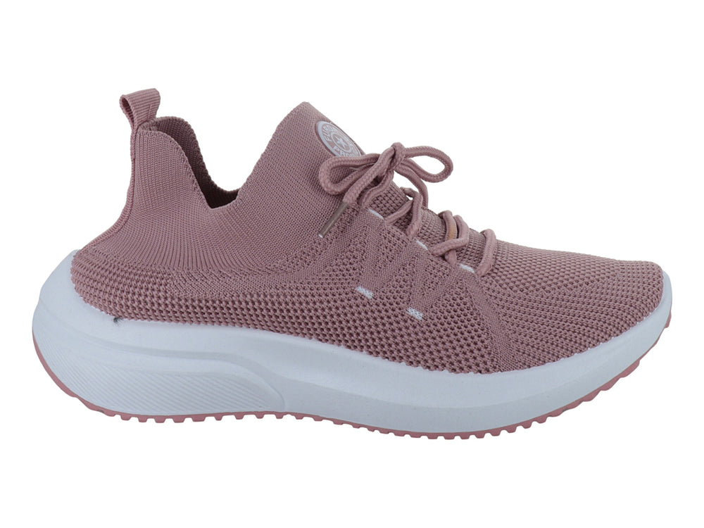 Tenis deportivos color rosa con suela blanca y tejido transpirable.