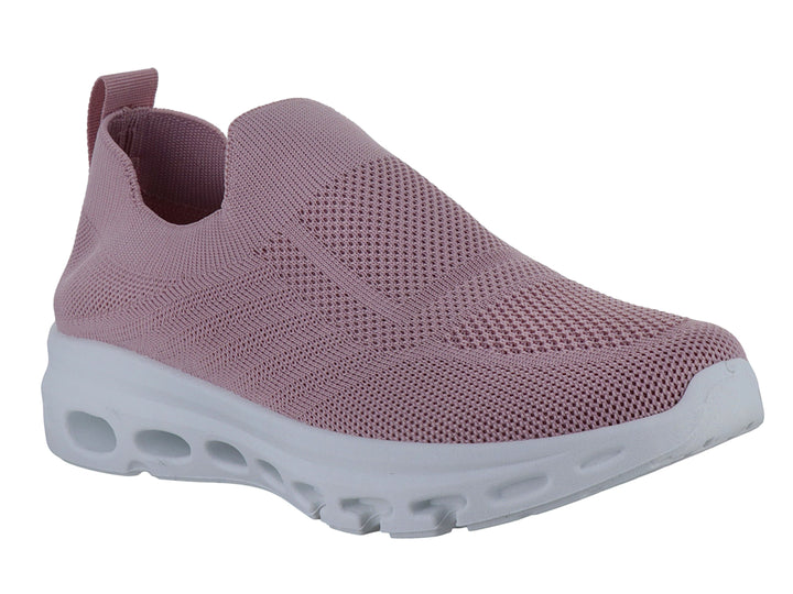 Tenis deportivos color rosa con suela blanca, diseño sin agujetas y tejido transpirable.