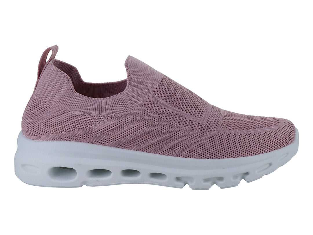 Tenis deportivos color rosa con suela blanca, diseño sin agujetas y tejido transpirable.