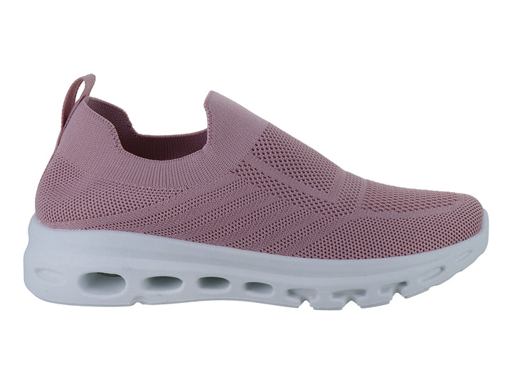 Tenis deportivos color rosa con suela blanca, diseño sin agujetas y tejido transpirable.