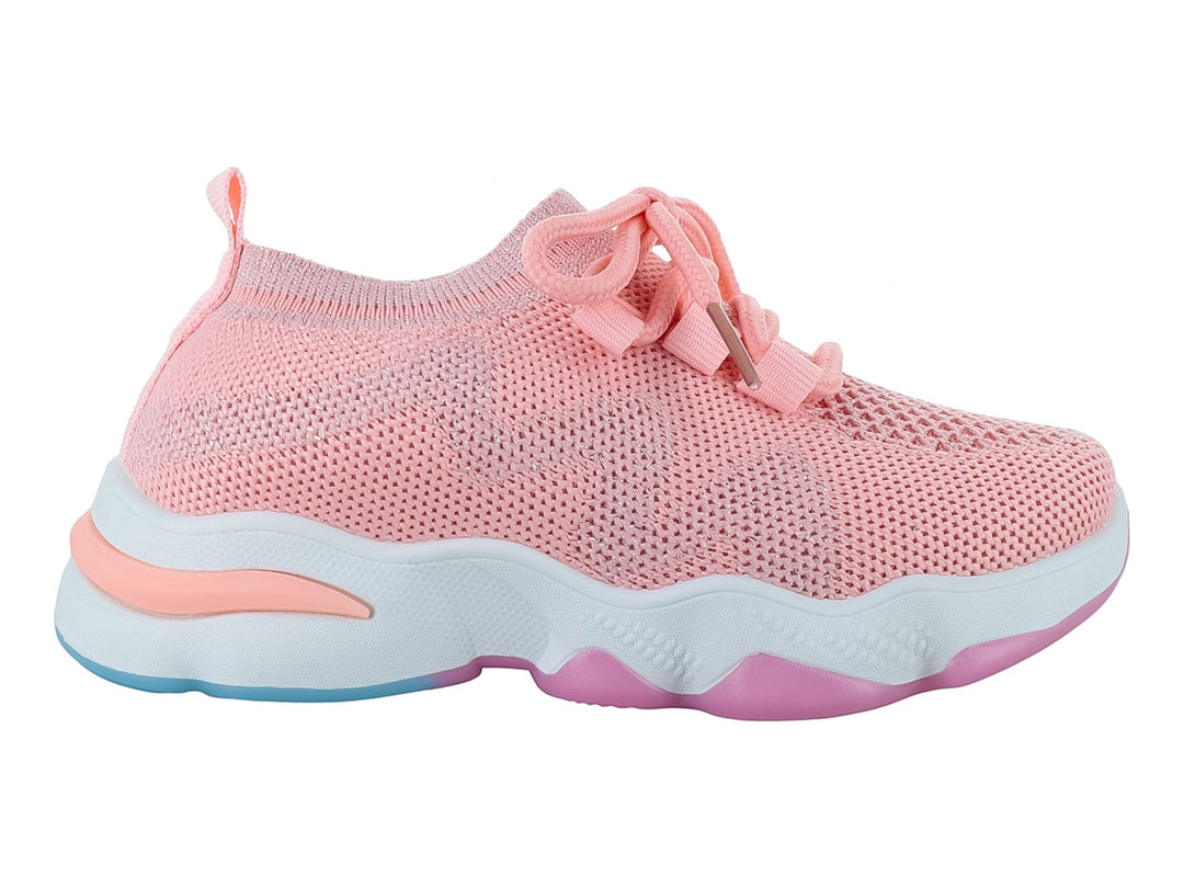 Tenis deportivos infantiles color rosa con suela blanca y detalles en azul