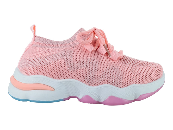 Tenis deportivos infantiles color rosa con suela blanca y detalles en azul