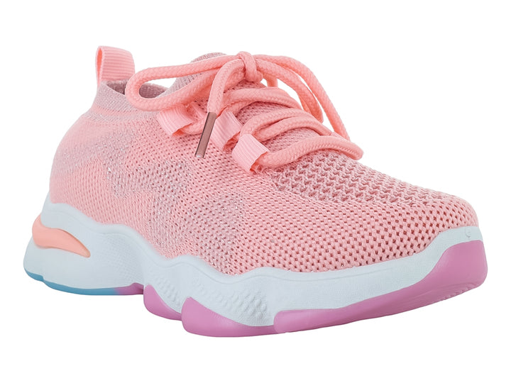 Tenis deportivos infantiles color rosa con suela blanca y detalles en azul