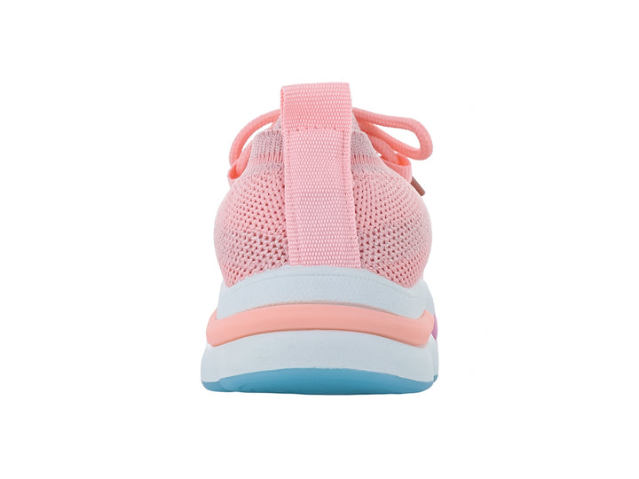 Tenis deportivos infantiles color rosa con suela blanca y detalles en azul